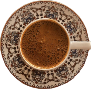 Espresso coffee cup on a decorated saucer, top view