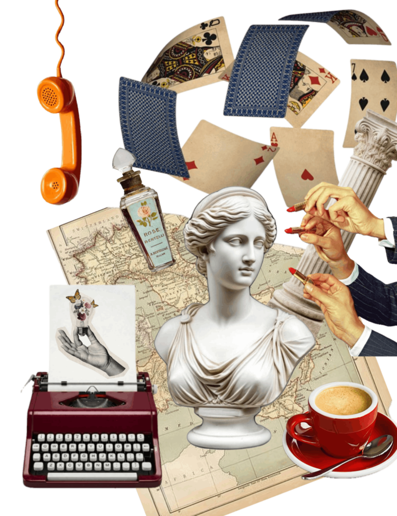 Italian editorial collage with vintage telephone, playing cards, perfume bottle, classical bust with lipstick, map of Italy, typewriter and espresso cup